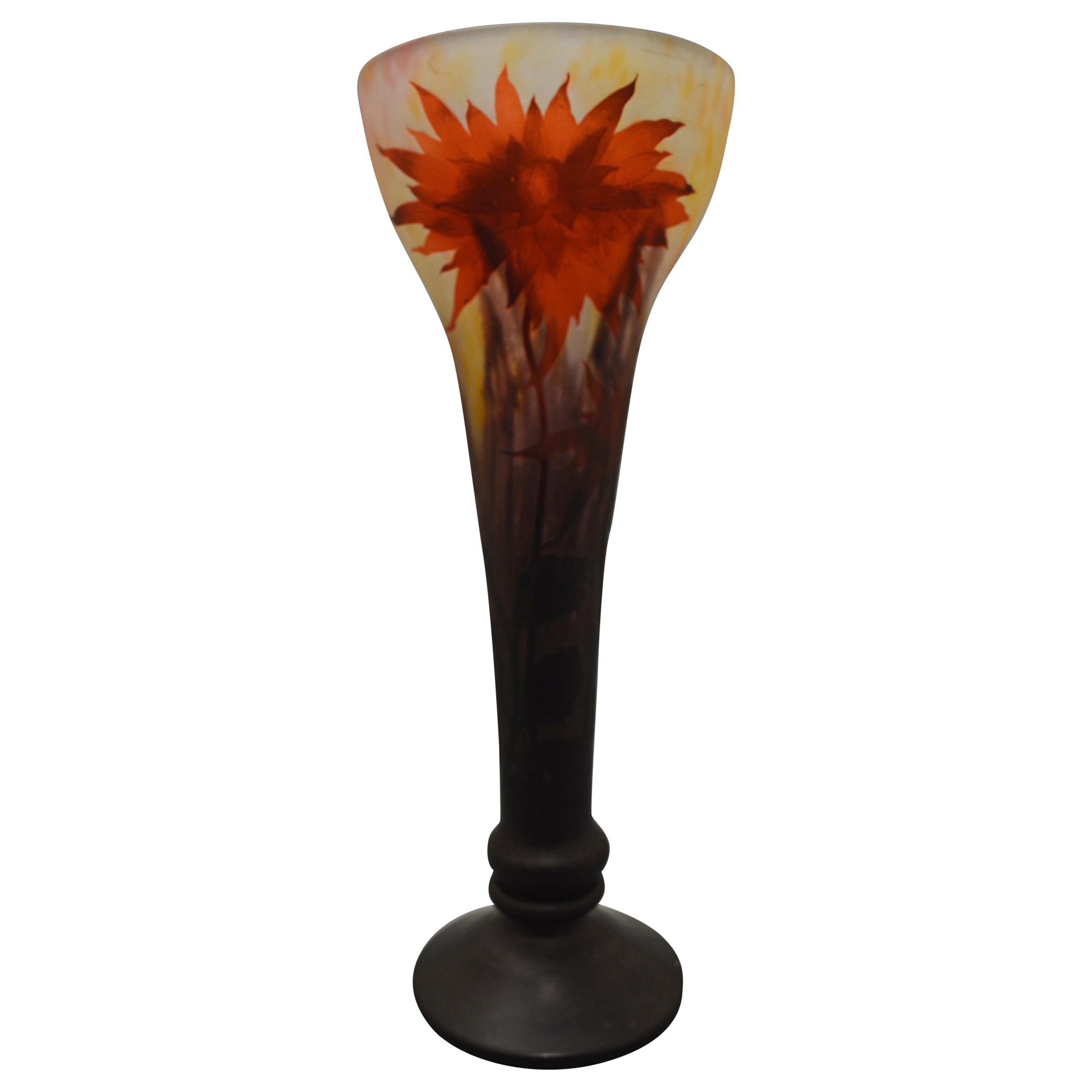 Daum Art Nouveau Red Brown and Purple Glass Sunflowers French Vase For Sale