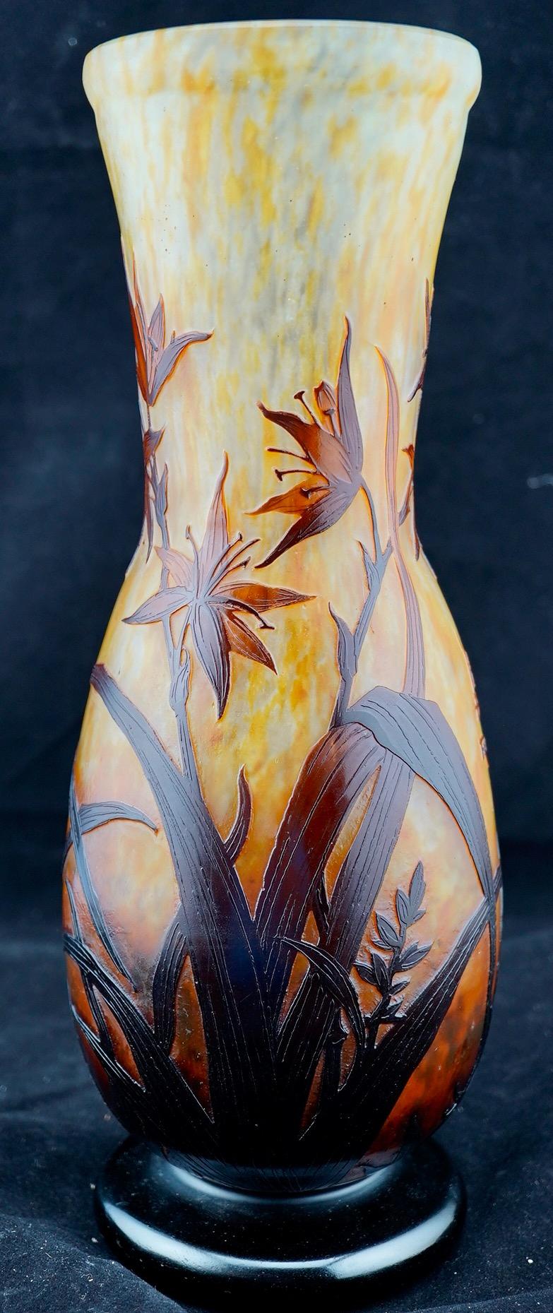 Art Nouveau Daum Cameo Glass Large Lily Flower Vase For Sale
