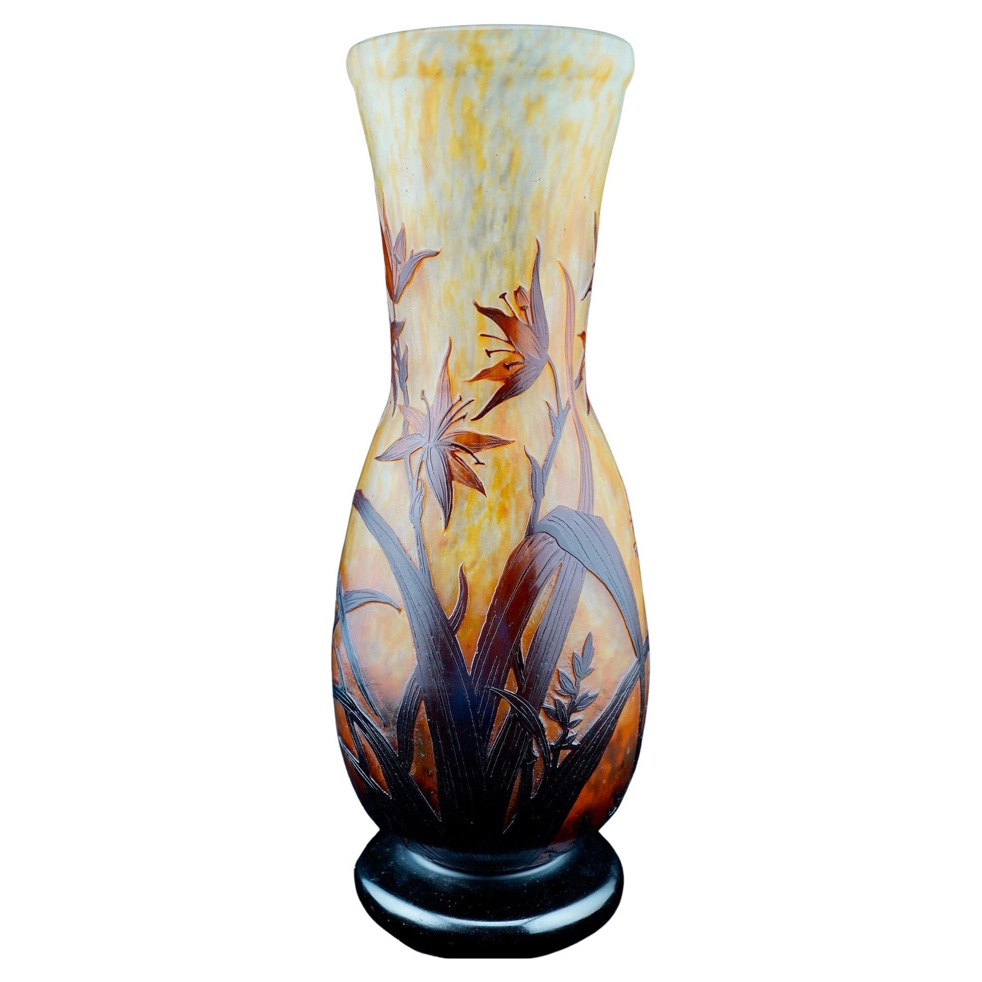Daum Cameo Glass Large Lily Flower Vase For Sale