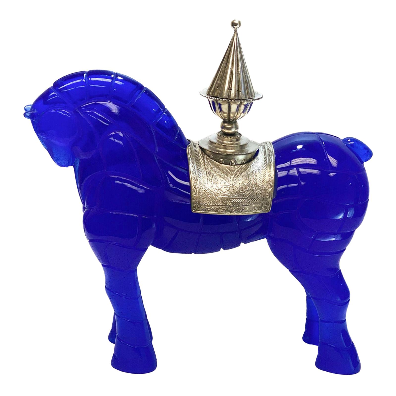 Daum Cobalt Pate-De-Verre 
Silver Horse Sculpture, Cheval Porteur de Feu Ltd Ed For Sale