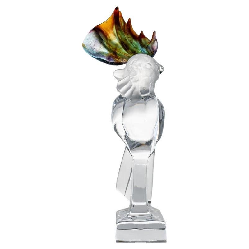 Daum Cockatoo Clear Multicolor Crystal Glass Sculpture, France in vendita