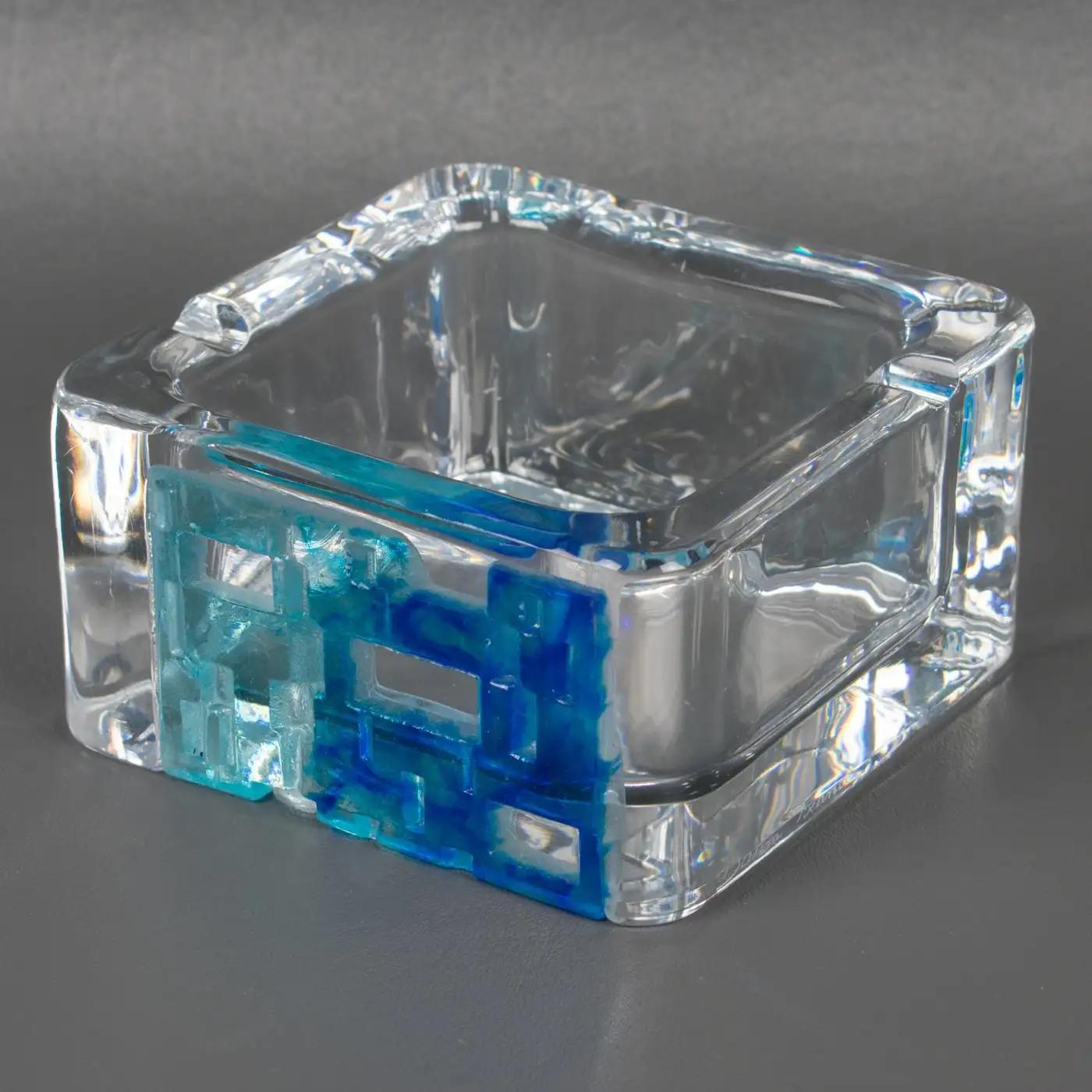 Mid-Century Modern Daum Crystal and Blue Pate de Verre Ashtray Desk Tidy Bowl Catchall For Sale