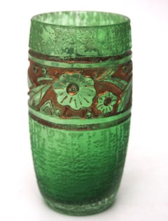 Daum Deeply Acid Cut Back Art Deco Green Glass Barrel Vase -French c1920