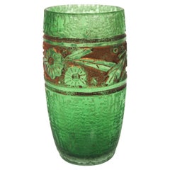 Daum Deeply Acid Cut Back Art Deco Green Glass Barrel Vase -French c1920