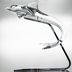Daum Dolphin On Standard Clear Crystal Glass Sculpture, France