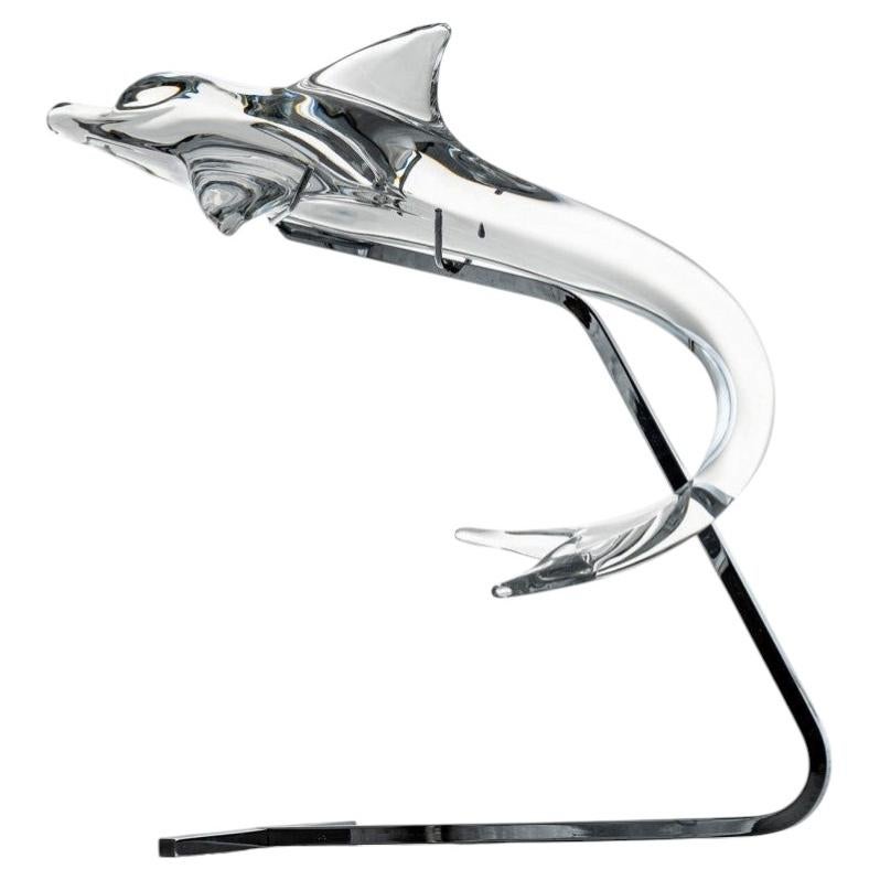 Daum Dolphin On Standard Clear Crystal Glass Sculpture, France