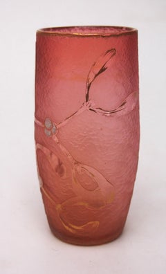 Daum Enamel and acid cutback glass vase depicting mistletoe  -French c1900