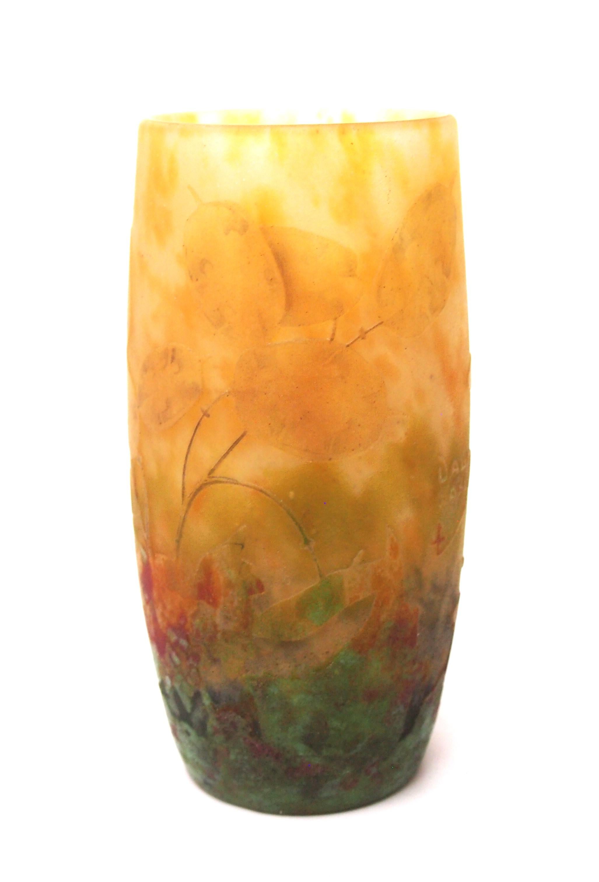 Art Nouveau Daum Enamel and Cameo Glass vase depicting Honesty pods  -French c1900