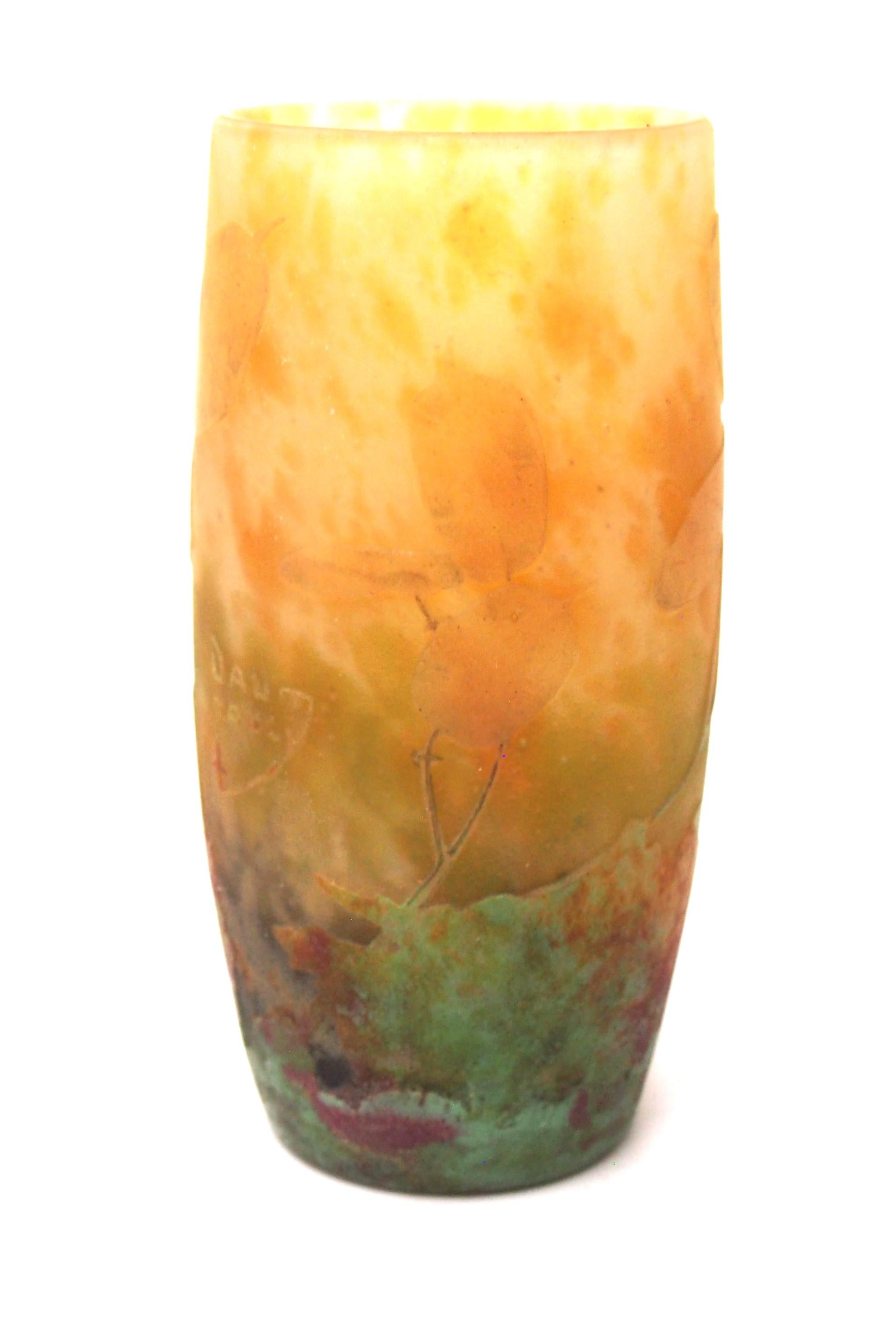 Daum Enamel and Cameo Glass vase depicting Honesty pods  -French c1900 In Good Condition In Worcester Park, GB