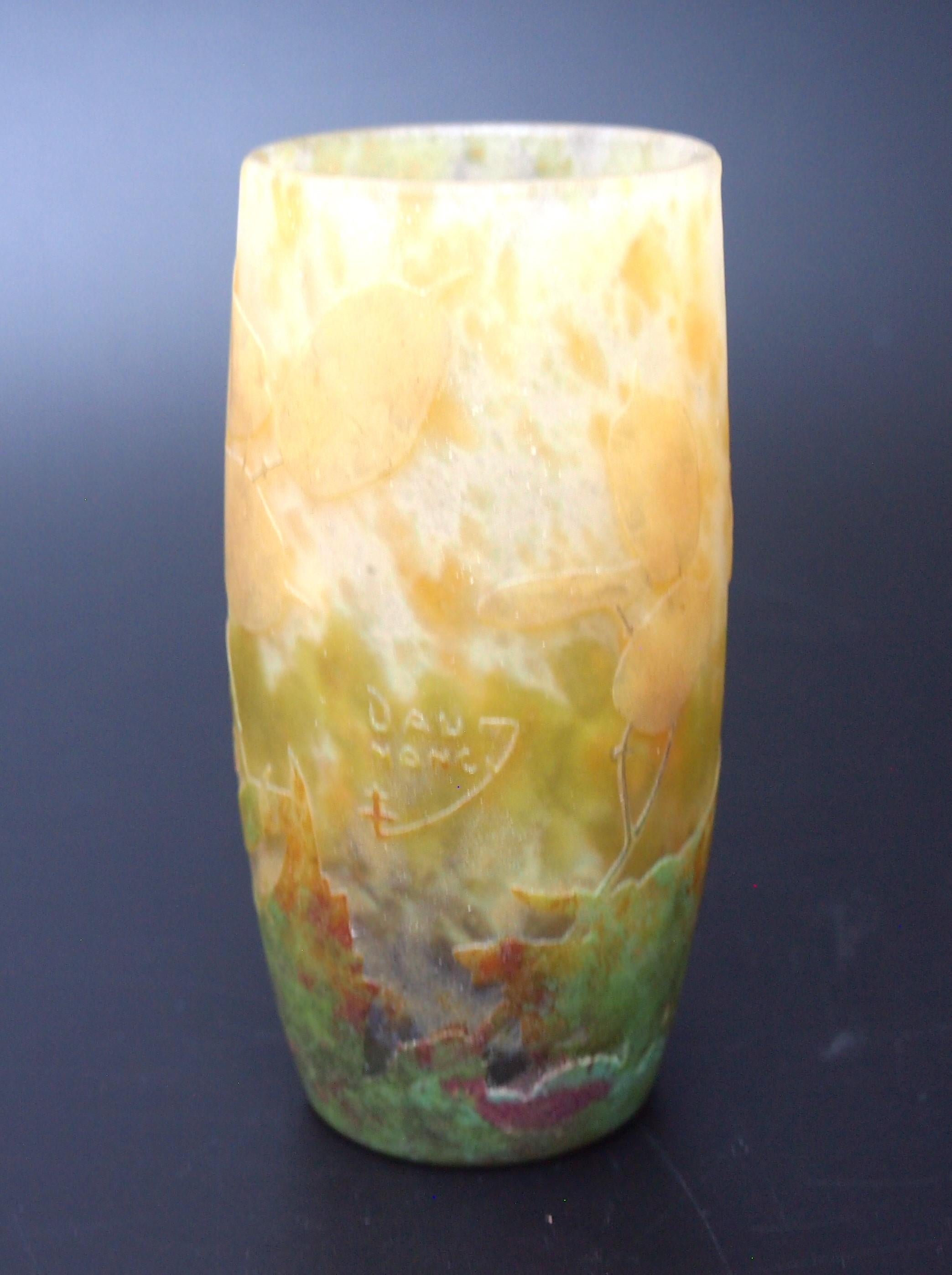 Daum Enamel and Cameo Glass vase depicting Honesty pods  -French c1900 1