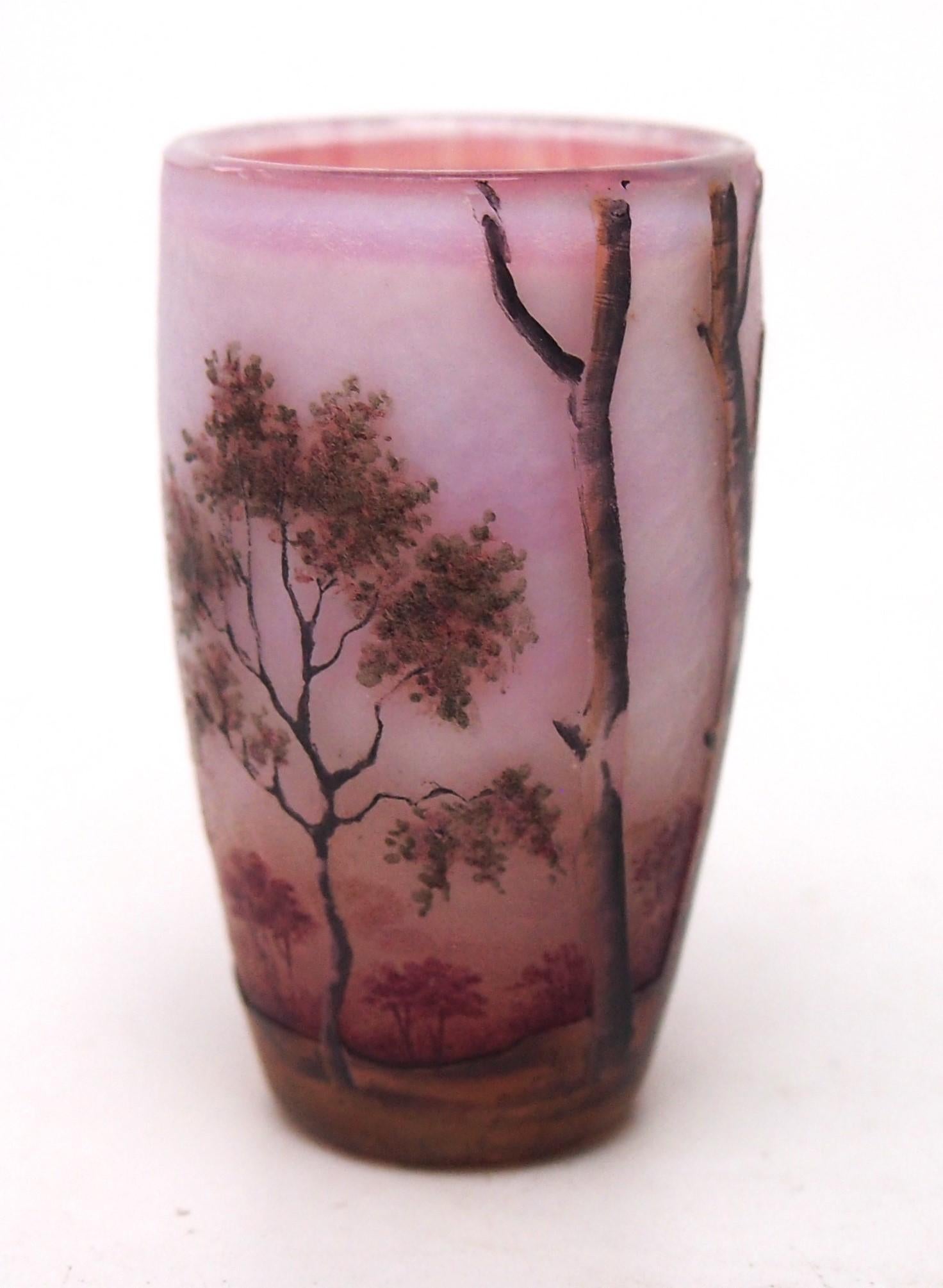 Art Nouveau Daum Enamel and Cameo Pink Spring Woodland glass miniature -French c1900 For Sale