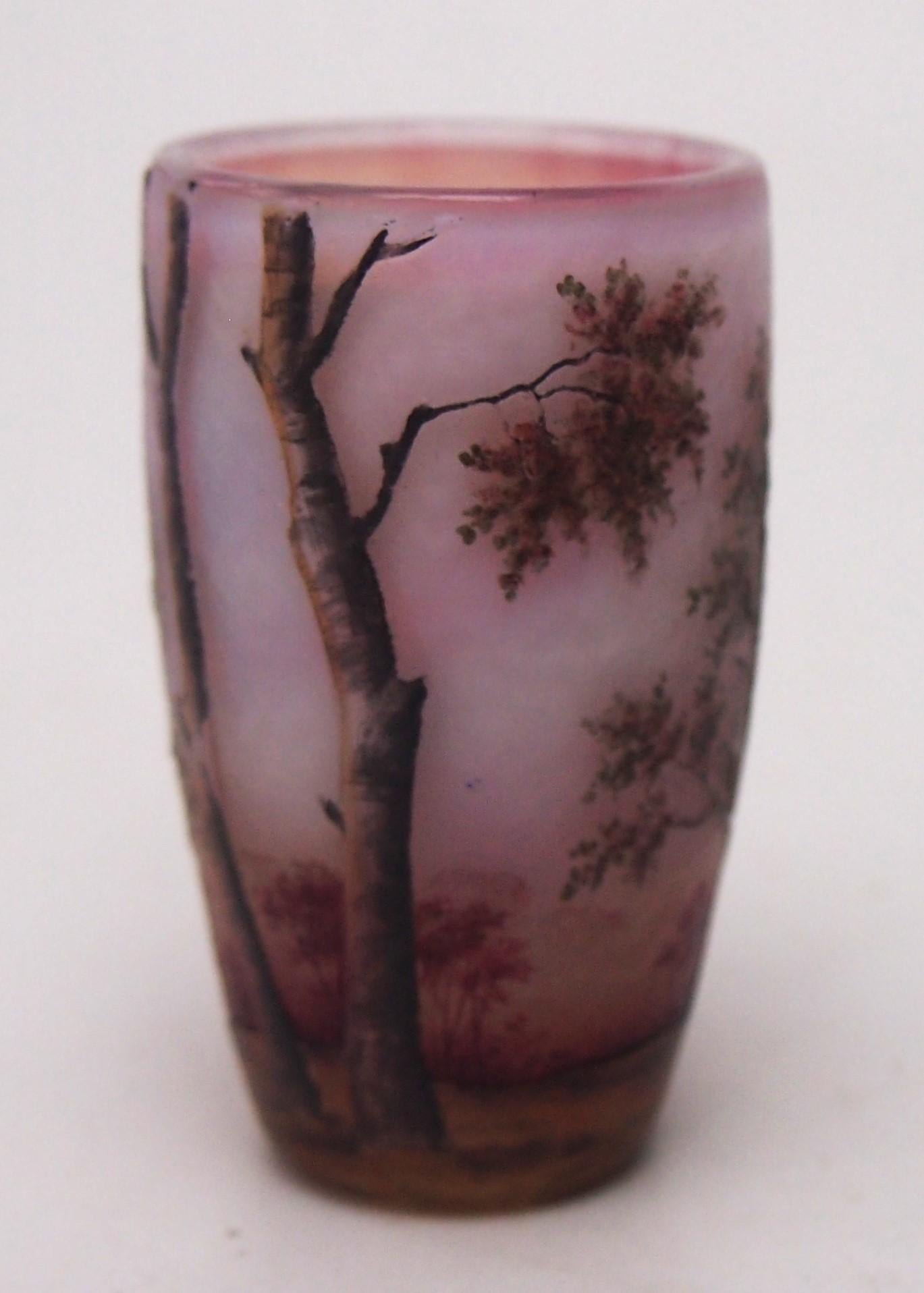 Daum Enamel and Cameo Pink Spring Woodland glass miniature -French c1900 In Good Condition For Sale In Worcester Park, GB