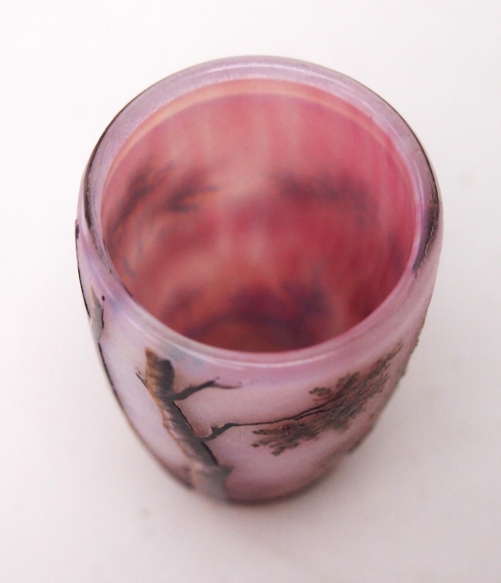 Early 20th Century Daum Enamel and Cameo Pink Spring Woodland glass miniature -French c1900 For Sale