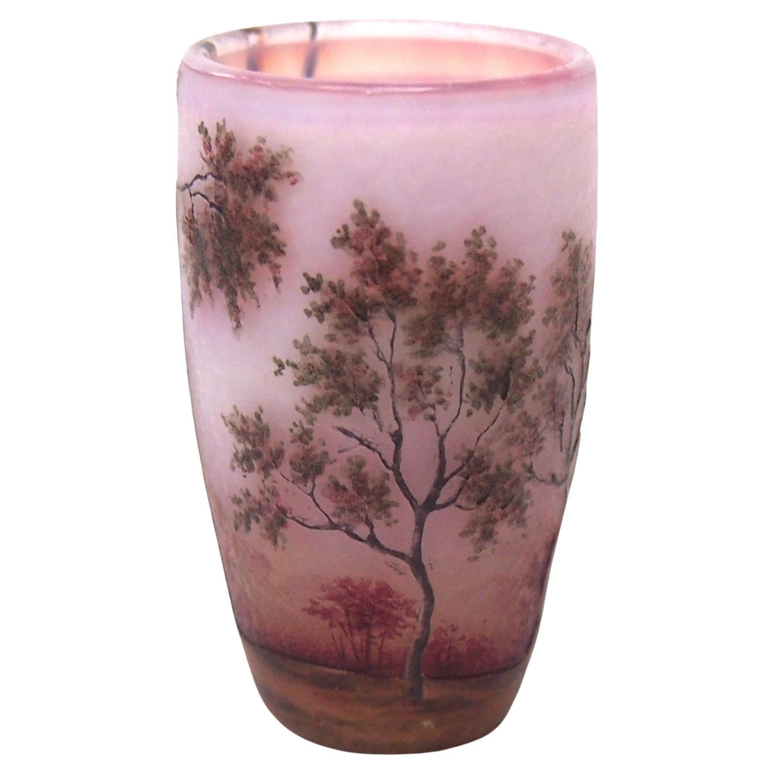 Daum Enamel and Cameo Pink Spring Woodland glass miniature -French c1900 For Sale