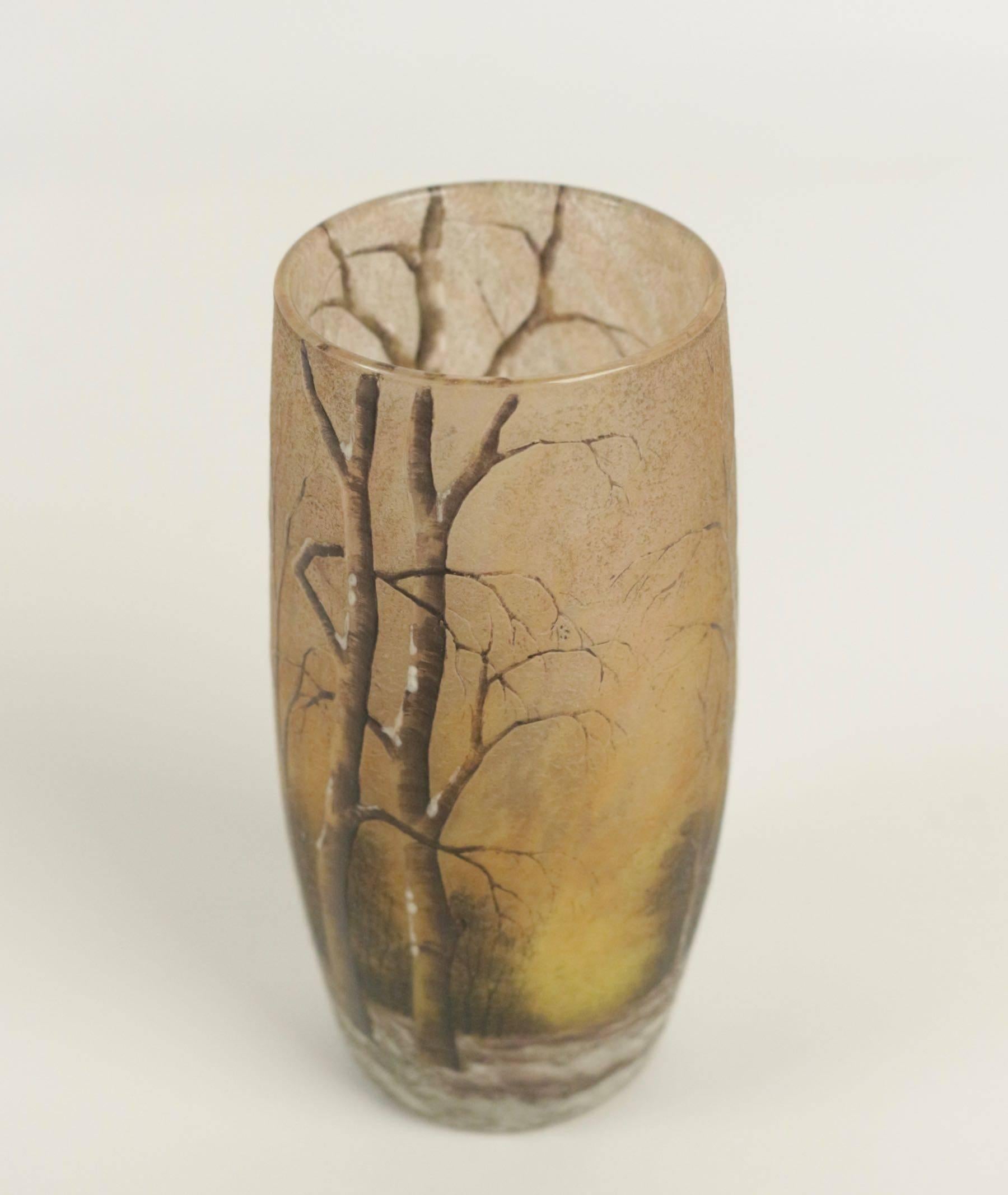 French Daum Enameled Glass 'Winter Landscape' Vase