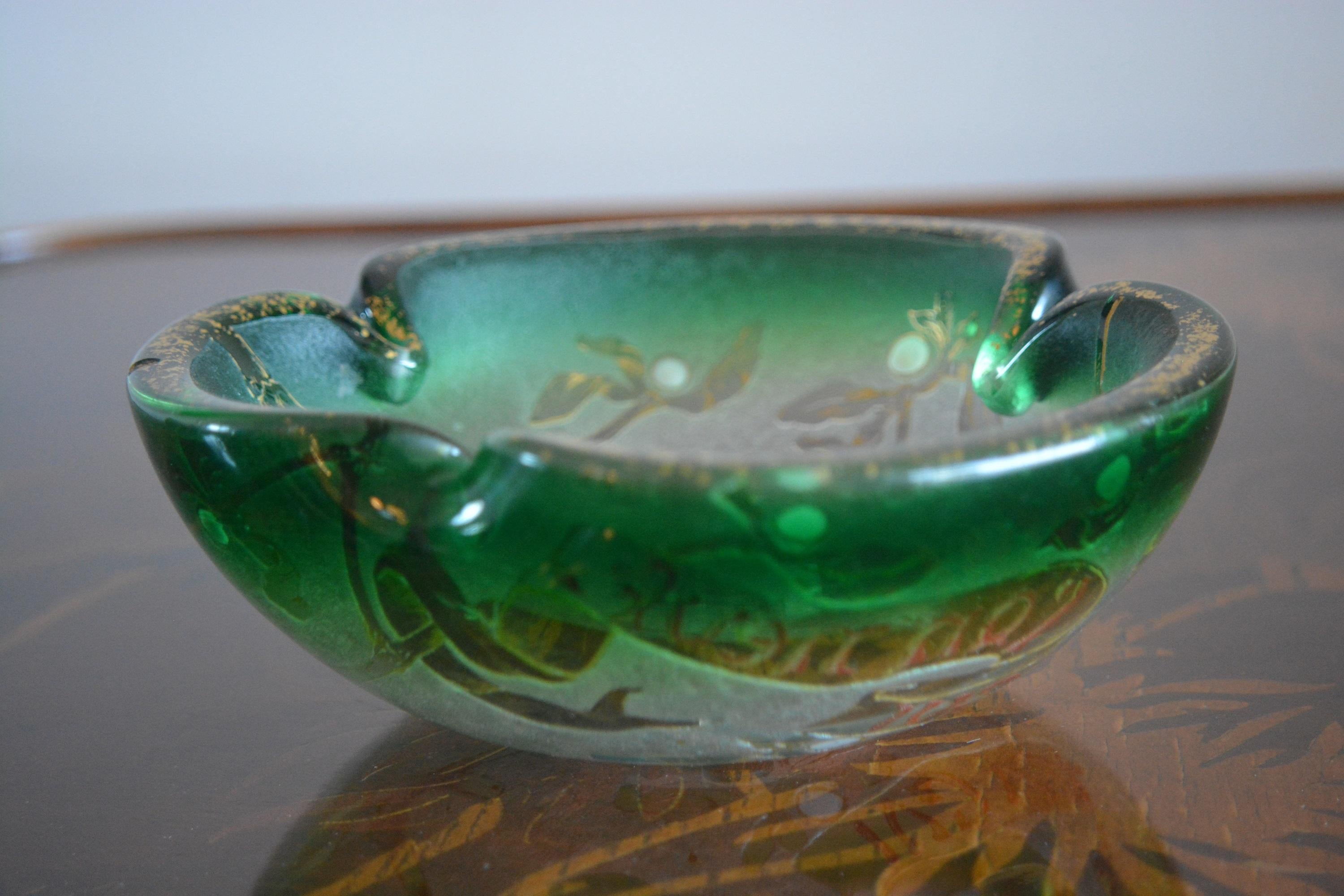 Daum Etched Enamelled Gilded Glass Happy New Year French Bowl For Sale 1
