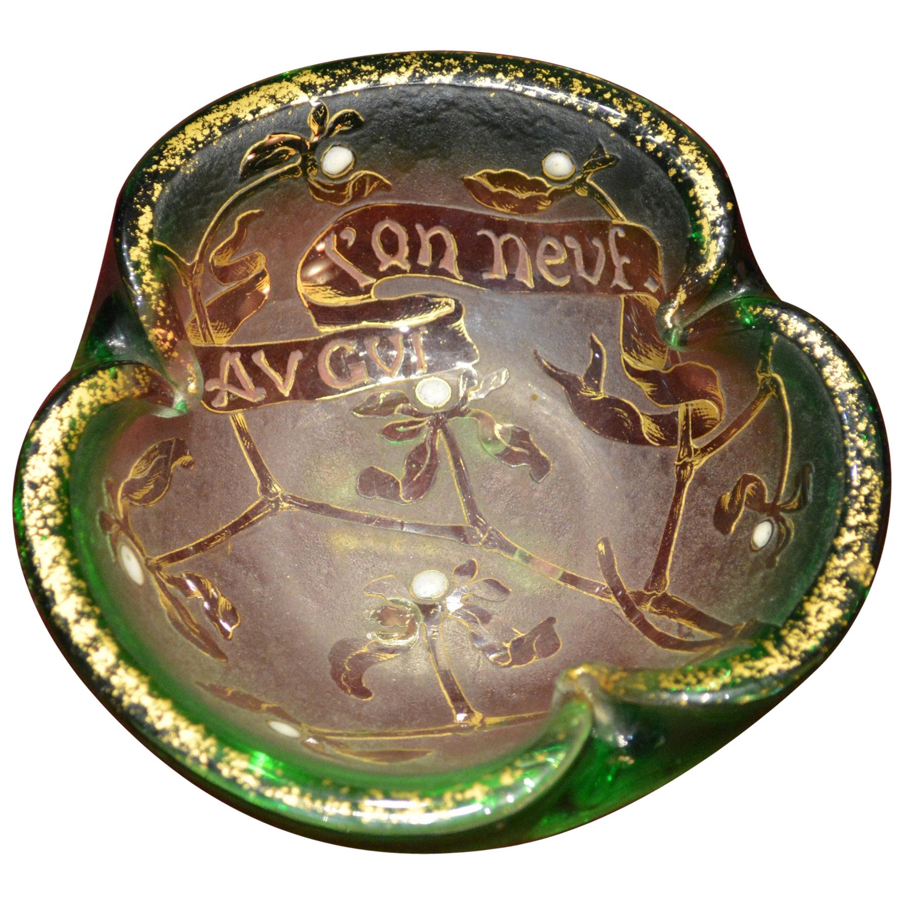 Daum Etched Enamelled Gilded Glass Happy New Year French Bowl For Sale