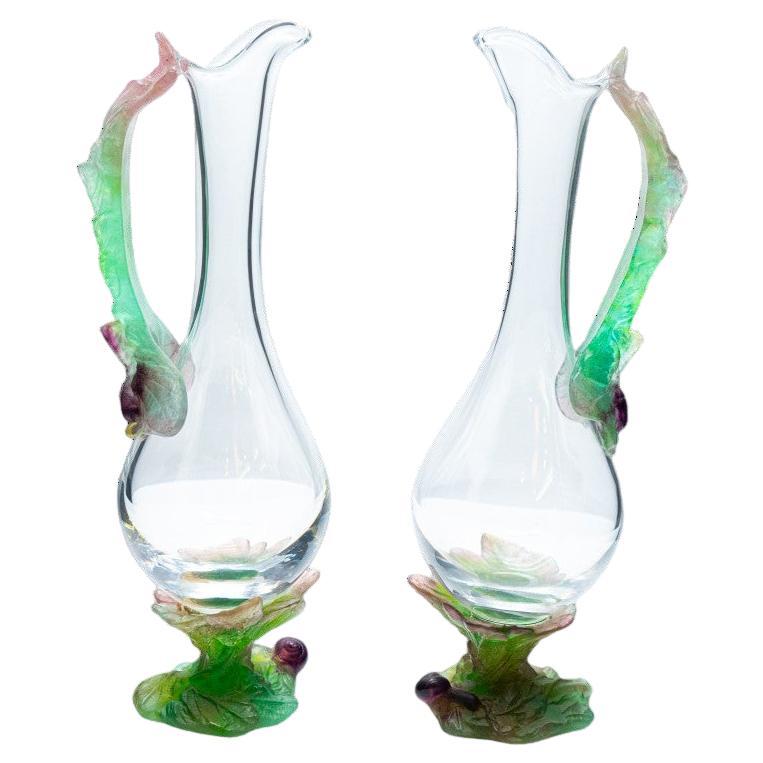 Daum, Exquise Set of Two Carafes Pâte de verre, Lilas Aqua Green Pink, France en vente