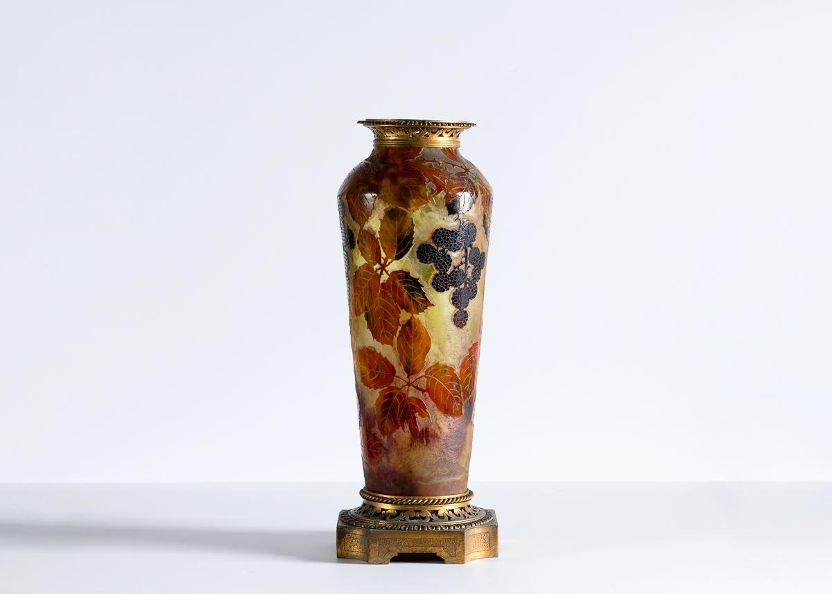 French Daum, Feuilles d'autommne, Lamp Base Glass Vase, France, circa 1903