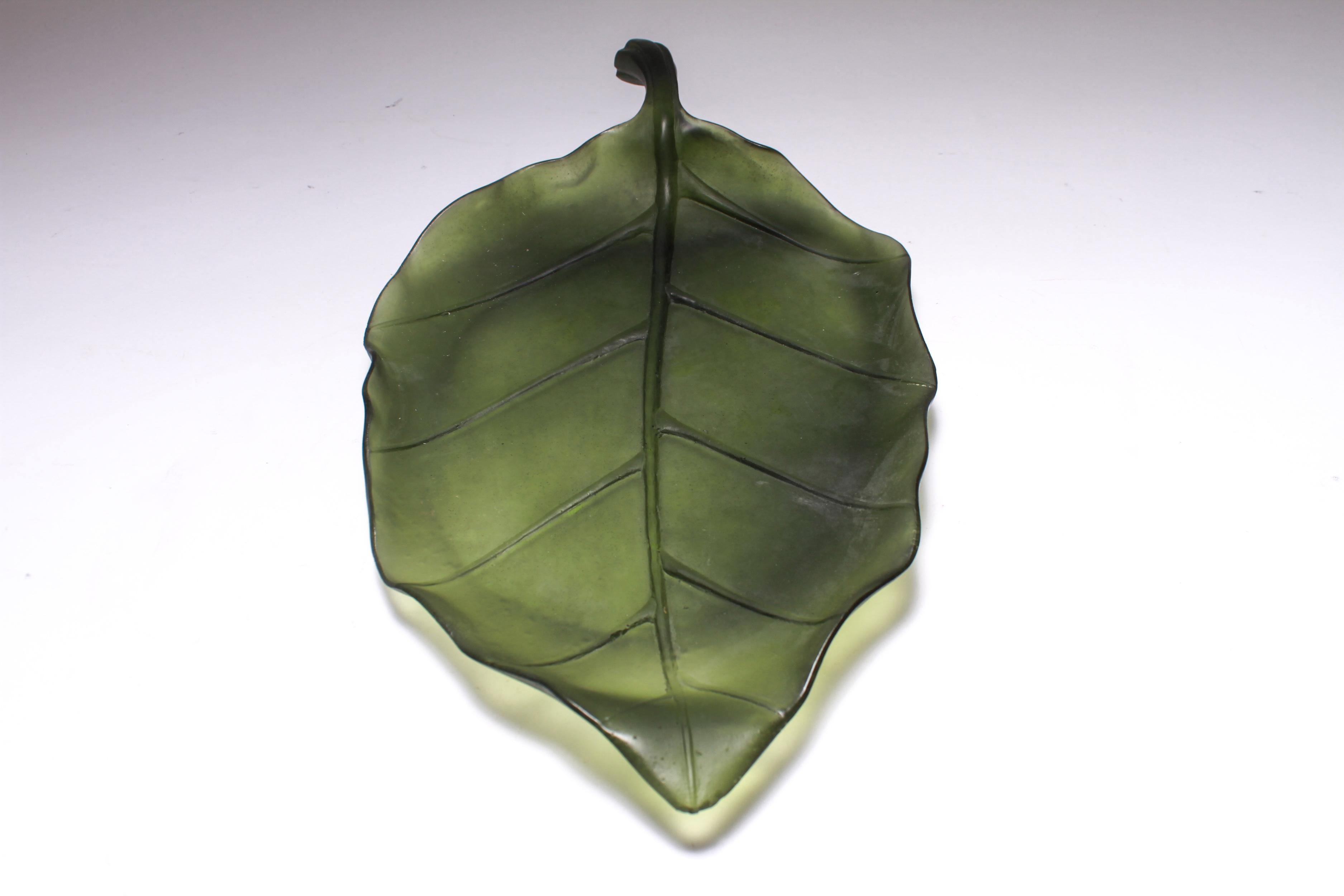 Daum France pate de verre art glass leaf platter. Signed 