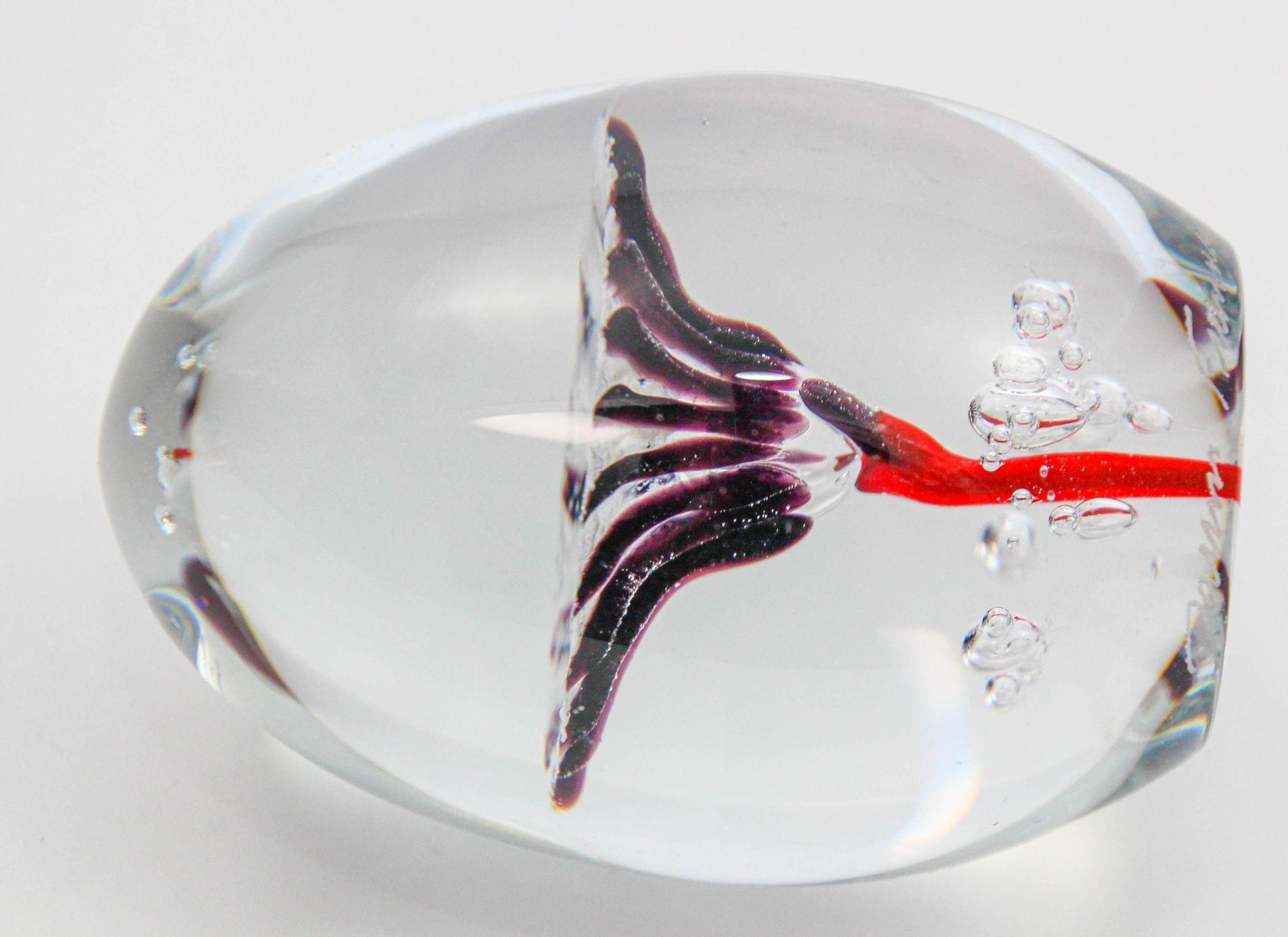 20th Century Daum France Blown Crystal Art Glass Paperweight Signed Egg Shape Red Blue White For Sale