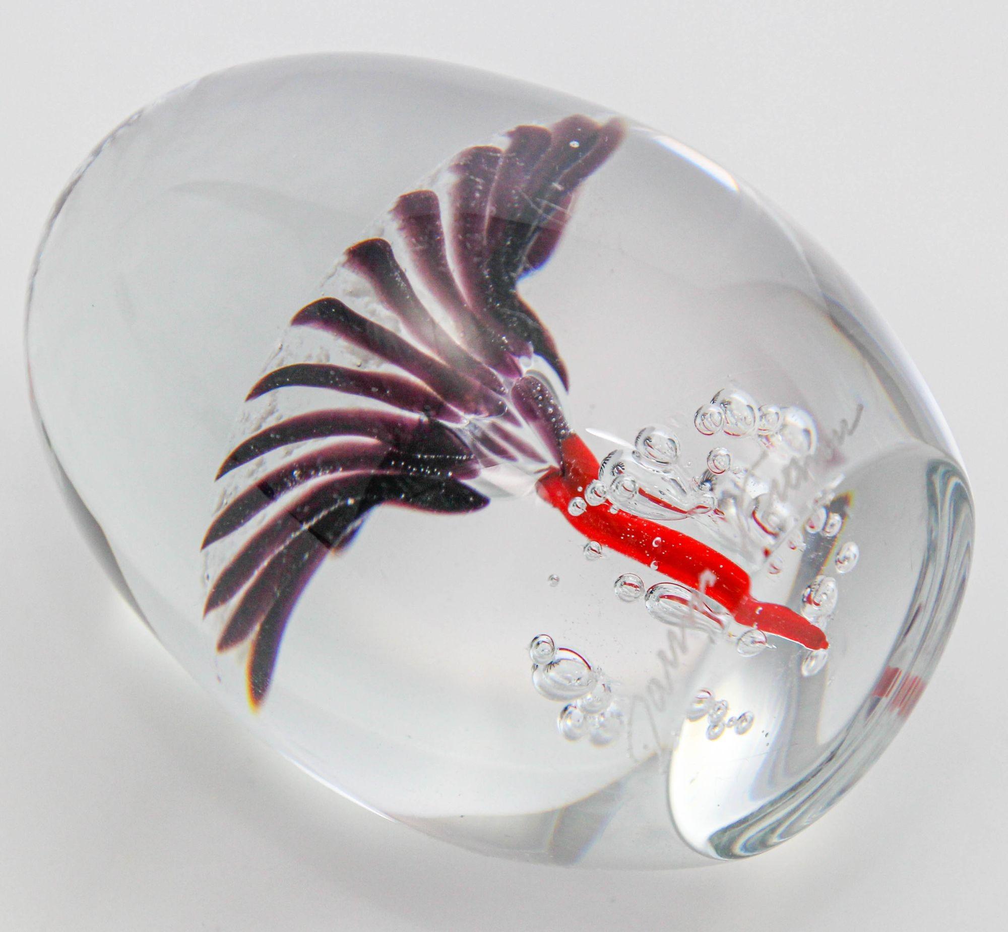 Daum France Blown Crystal Art Glass Paperweight Signed Egg Shape Red Blue White For Sale 1