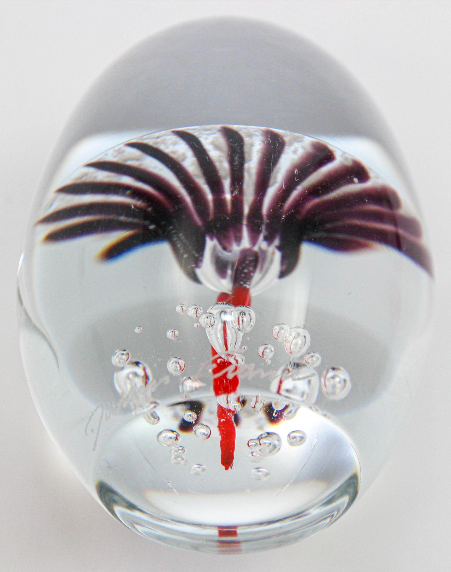 Daum France Blown Crystal Art Glass Paperweight Signed Egg Shape Red Blue White For Sale 3