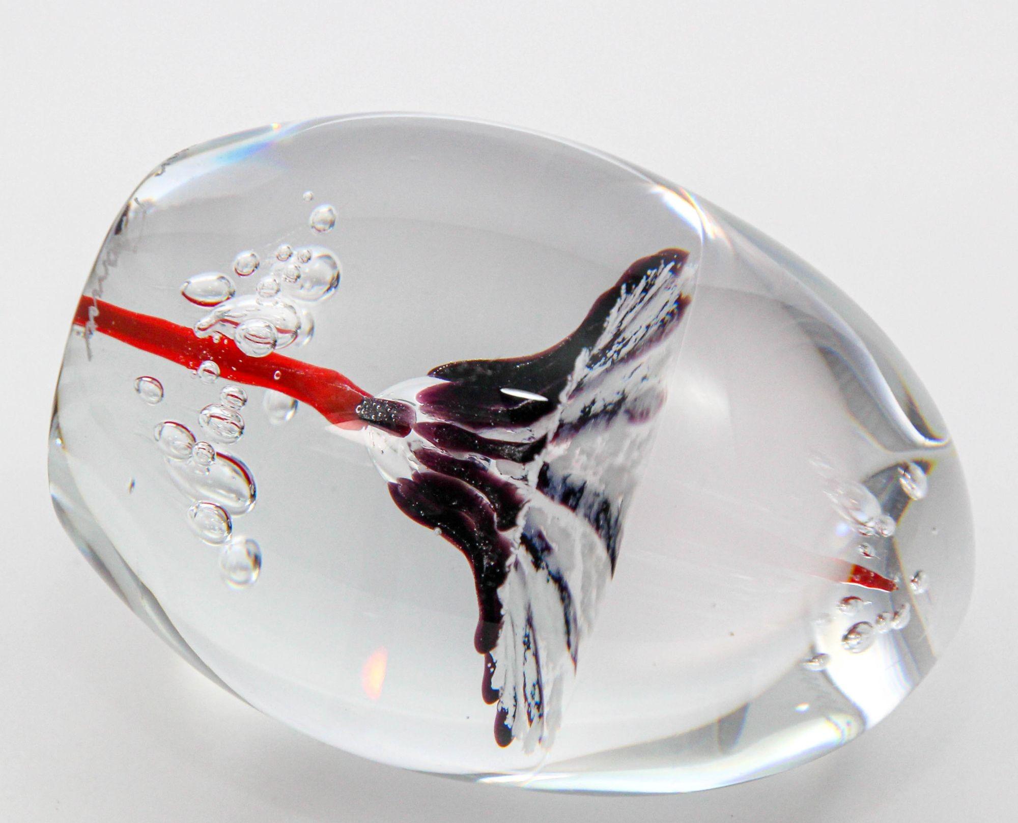 French Daum France Blown Crystal Art Glass Paperweight Signed Egg Shape Red Blue White For Sale
