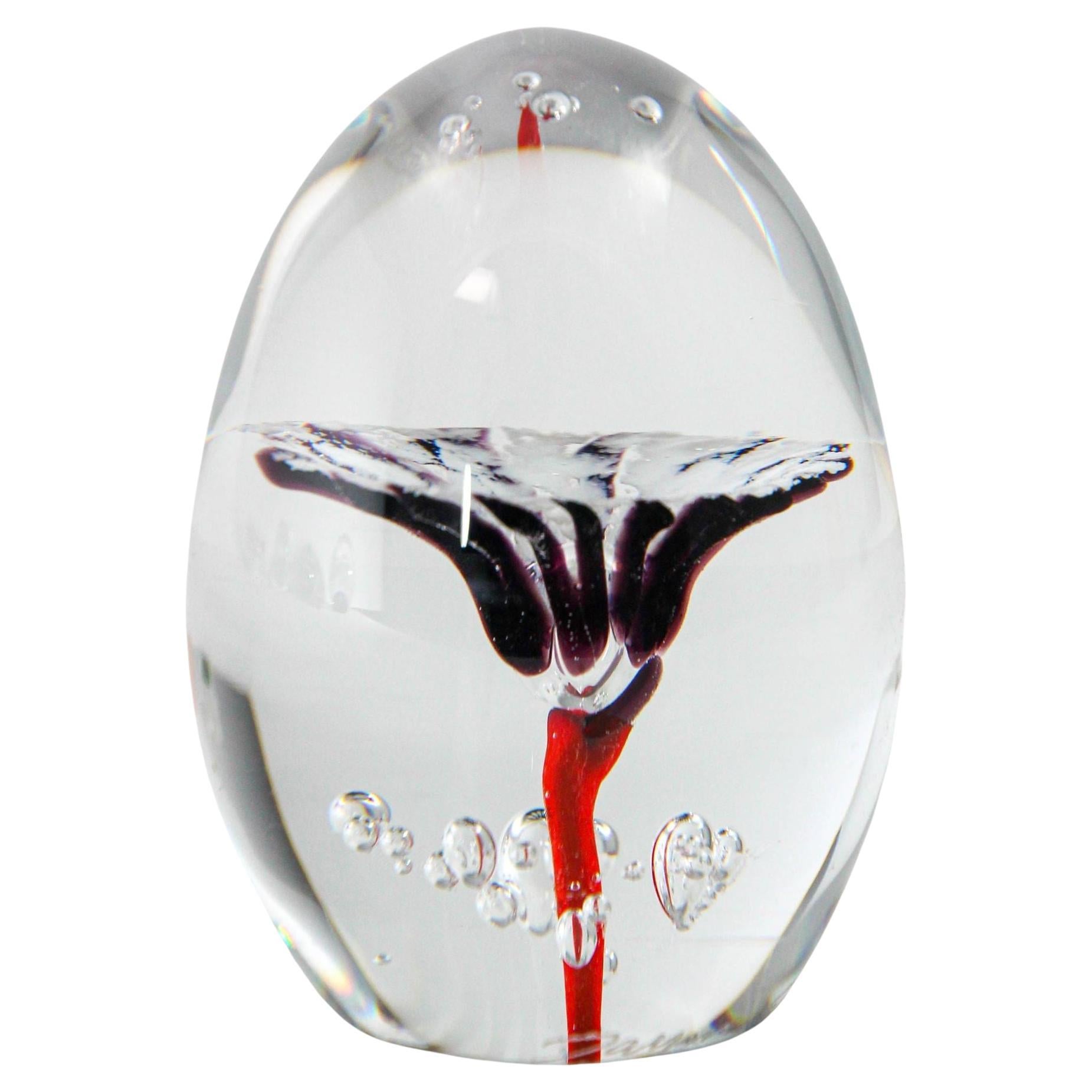 Daum France Blown Crystal Art Glass Paperweight Signed Egg Shape Red Blue White For Sale