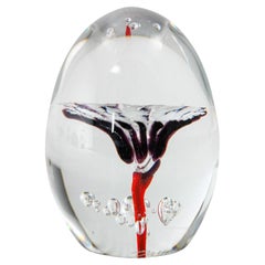 Retro Daum France Blown Crystal Art Glass Paperweight Signed Egg Shape Red Blue White