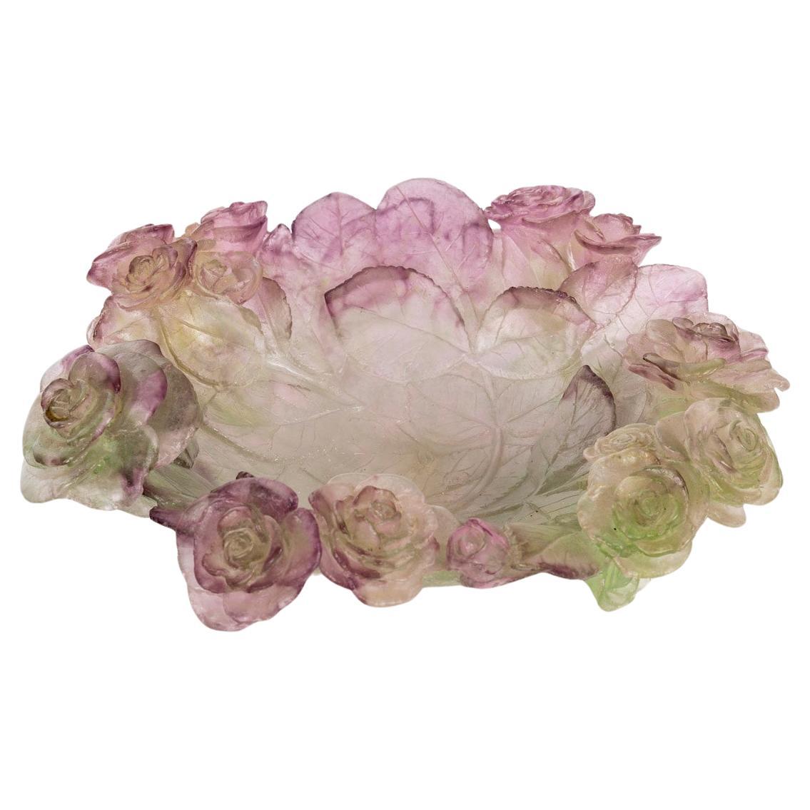 Daum France - Bowl Roses Flower Rose and Green Crystal  For Sale