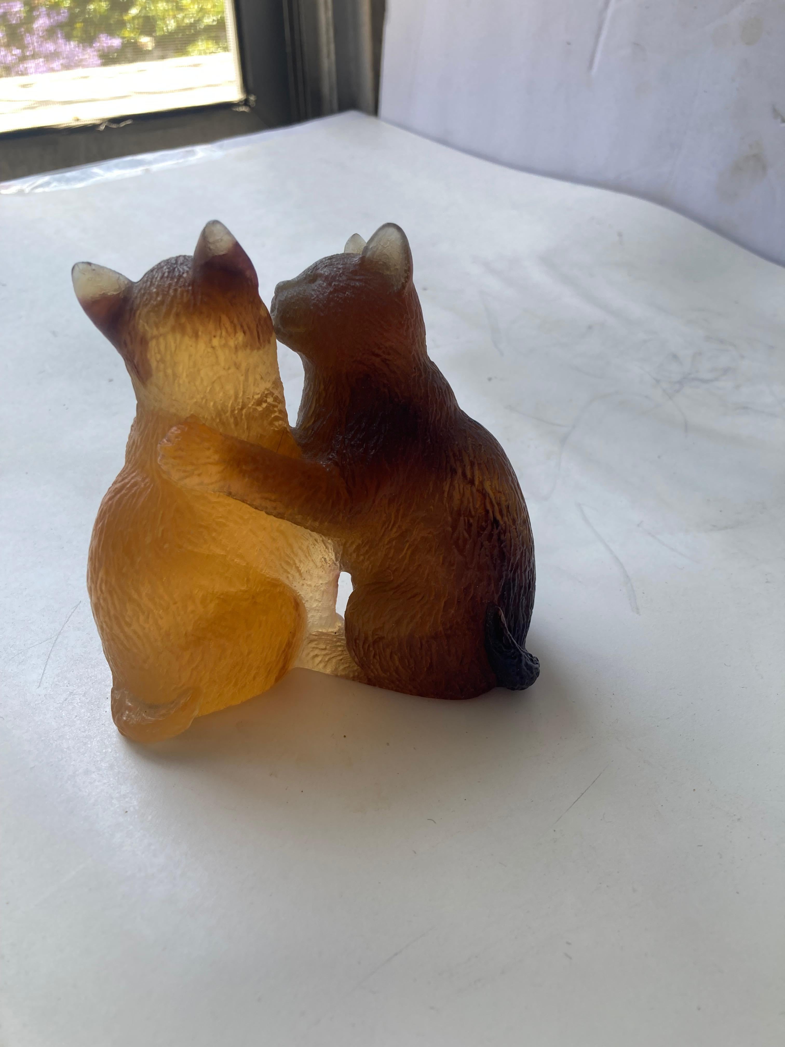 Adorable kittens kissing and playing in this beautiful Pate De Verre glass sculpture.