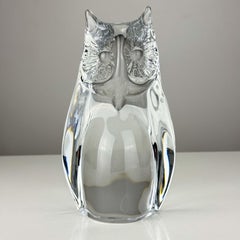 Daum France Crystal Owl Figurine Vintage Art Glass Sculpture Signed