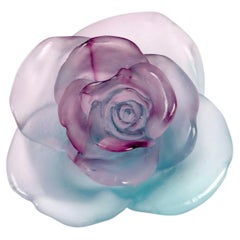 Daum France - Paperweight Decorative Flower Rose Passion Blue & Pink Crystal