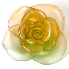 Daum France - Paperweight Decorative Flower Rose Passion Orange & Green Crystal
