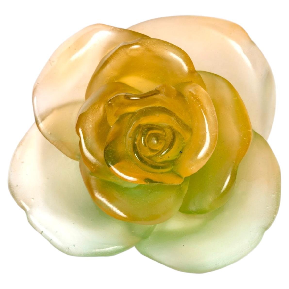 Daum France - Fermacarte decorativo Fiore Rosa Passione Arancione e Cristallo Verde