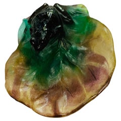 Daum, France Pate De Verre Art Glass Big Frog Over Water Lily Leaf Bowl