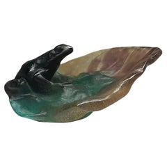 Vintage Daum, France Pate De Verre Art Glass Big Frog Over Water Lily Leaf Bowl