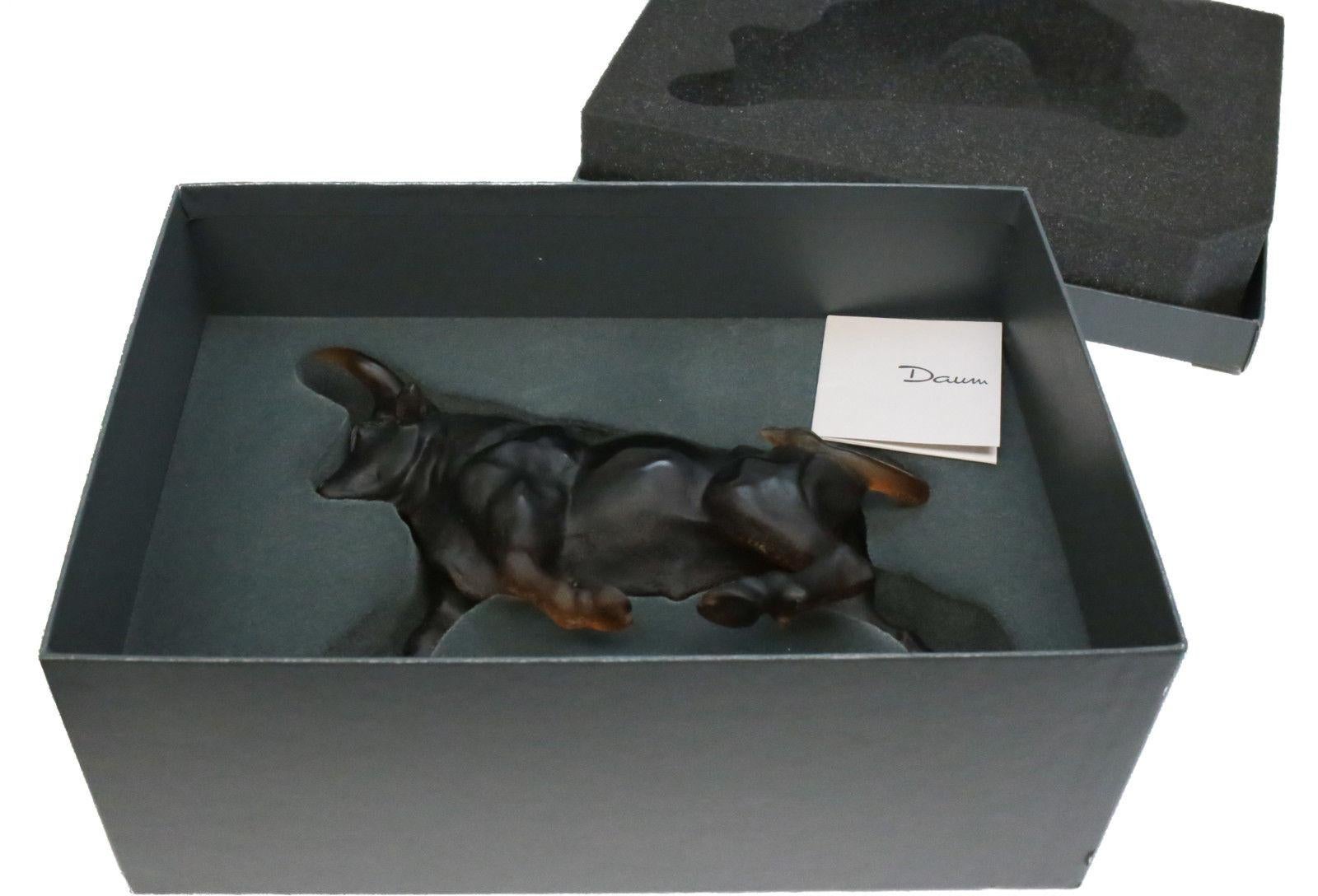 Art Glass Daum France Pate De Verre Bull Figurine in Original Box, Signed