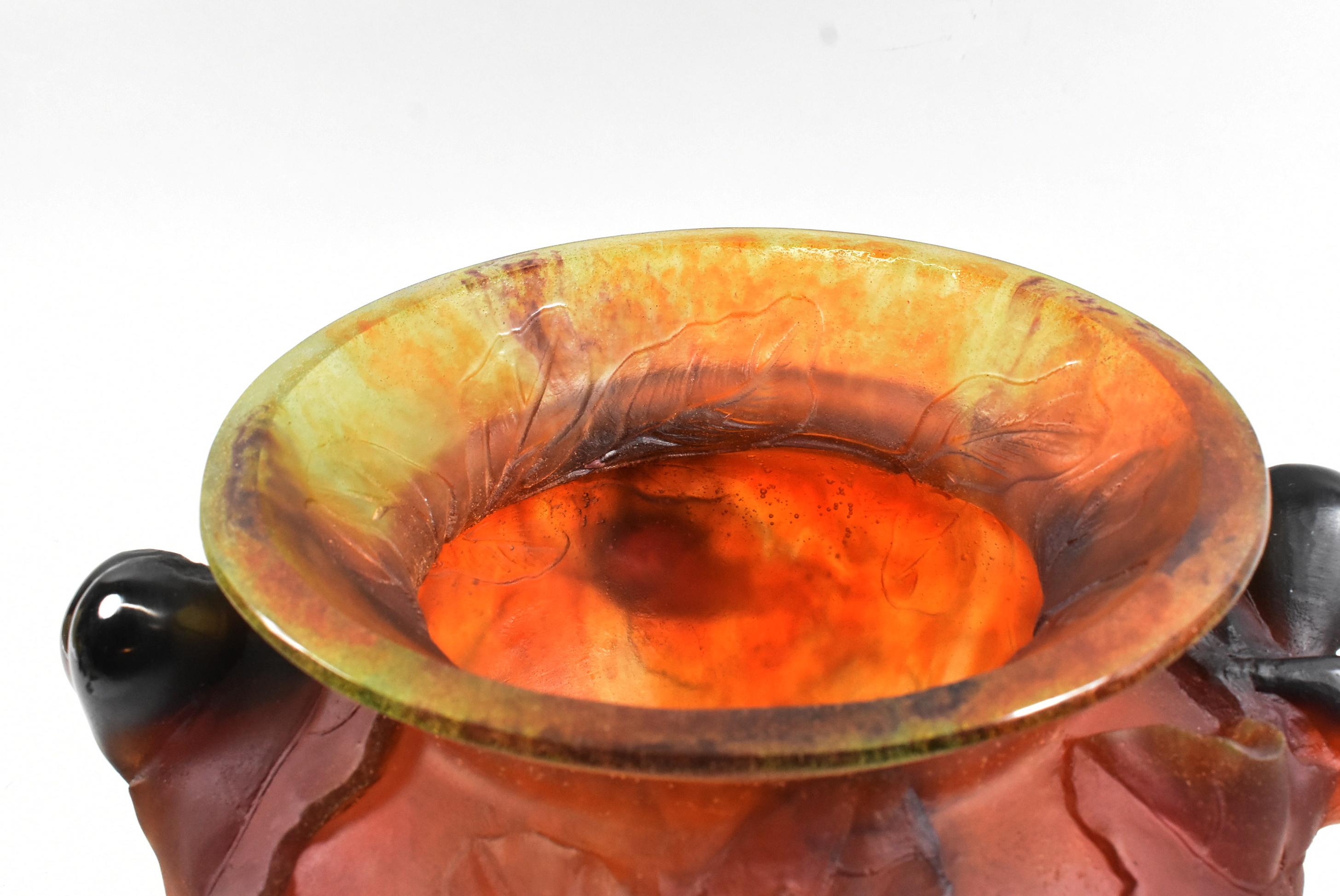 Squat earth toned Pate de Verre glass vase with hanging fig decorations, textured leaves and lizards. Signed.