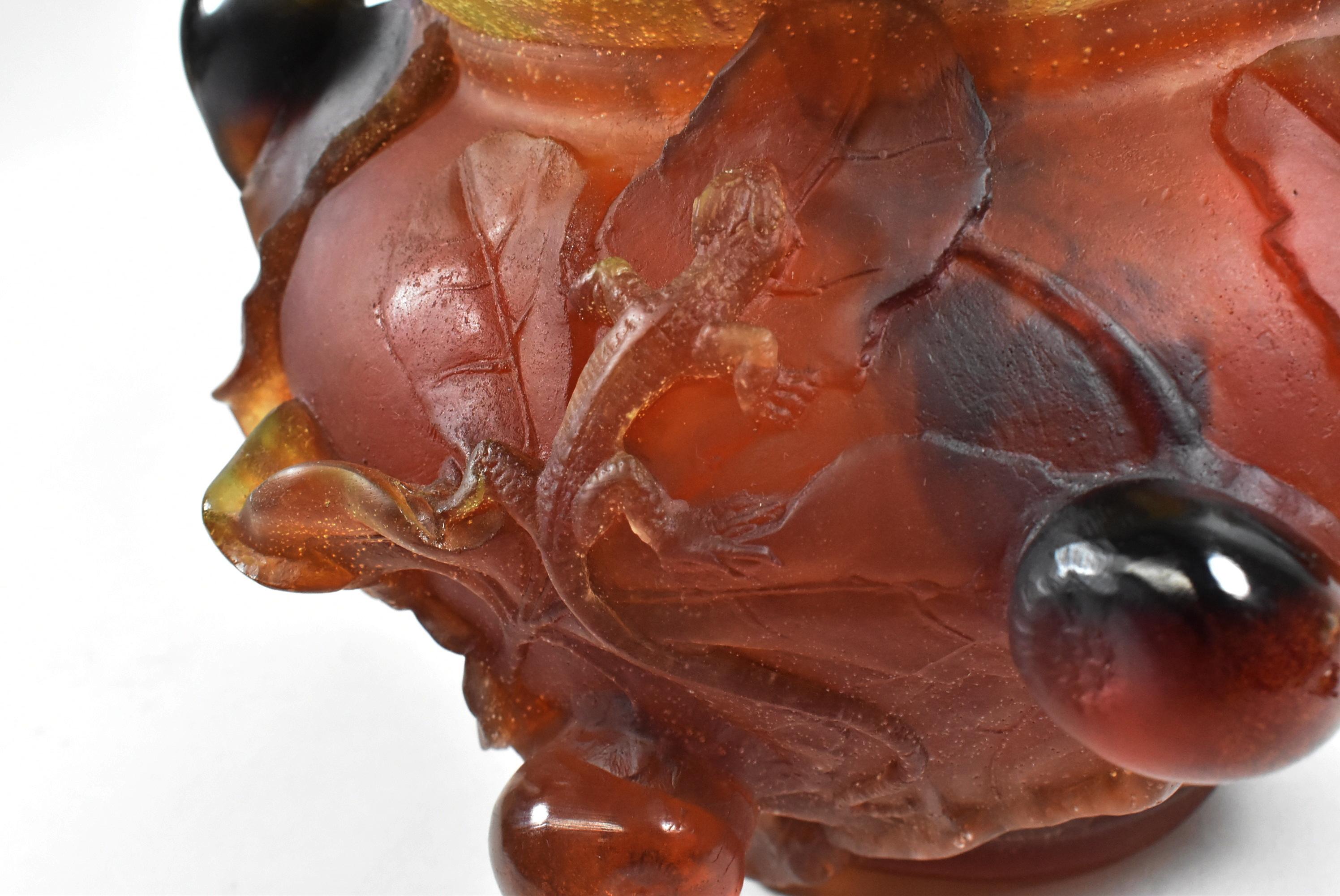 European Daum France Pate de Verre Lizard Vase With Figs