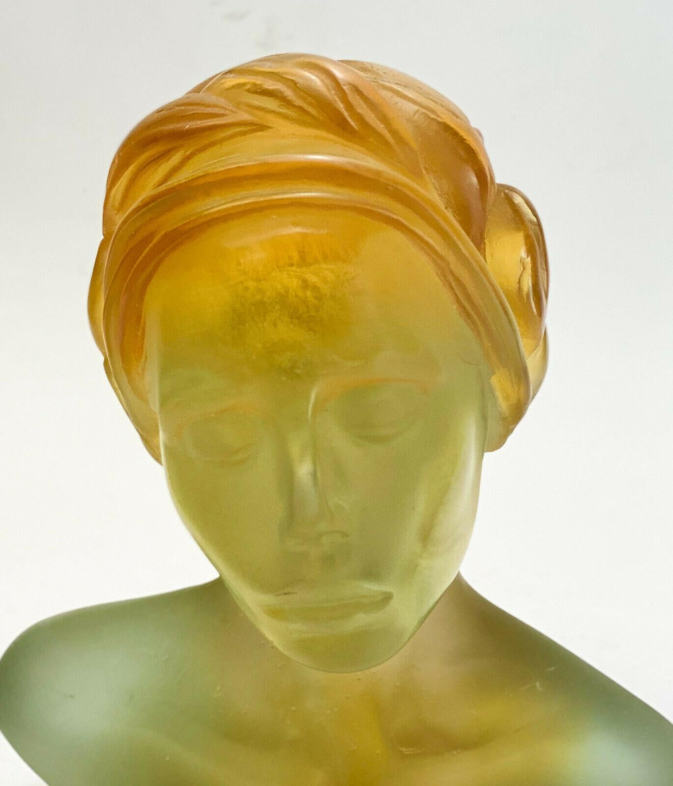 Daum France amber to teal Pate De Verre sculpture - La Persane by Marie-Paule Deville Cabrolle. The sculpture depicts a bust of a beauty with her hair wrapped up in a scarf. Daum marks and artist signature to the verso. Limited edition of 375.