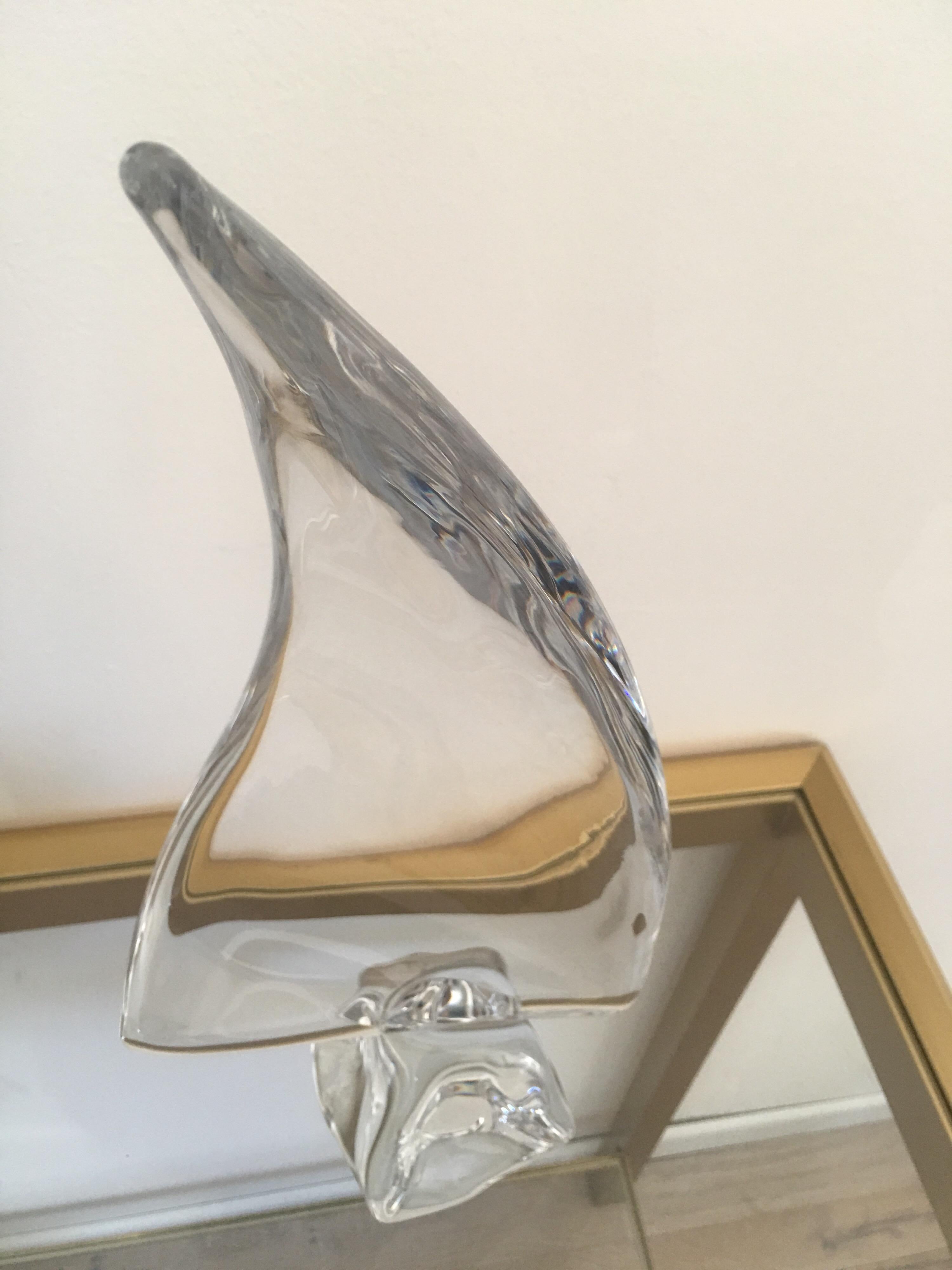 Daum France Signed Sailboat Crystal Sculpture, Art Glass, 1960s, Large Model 10