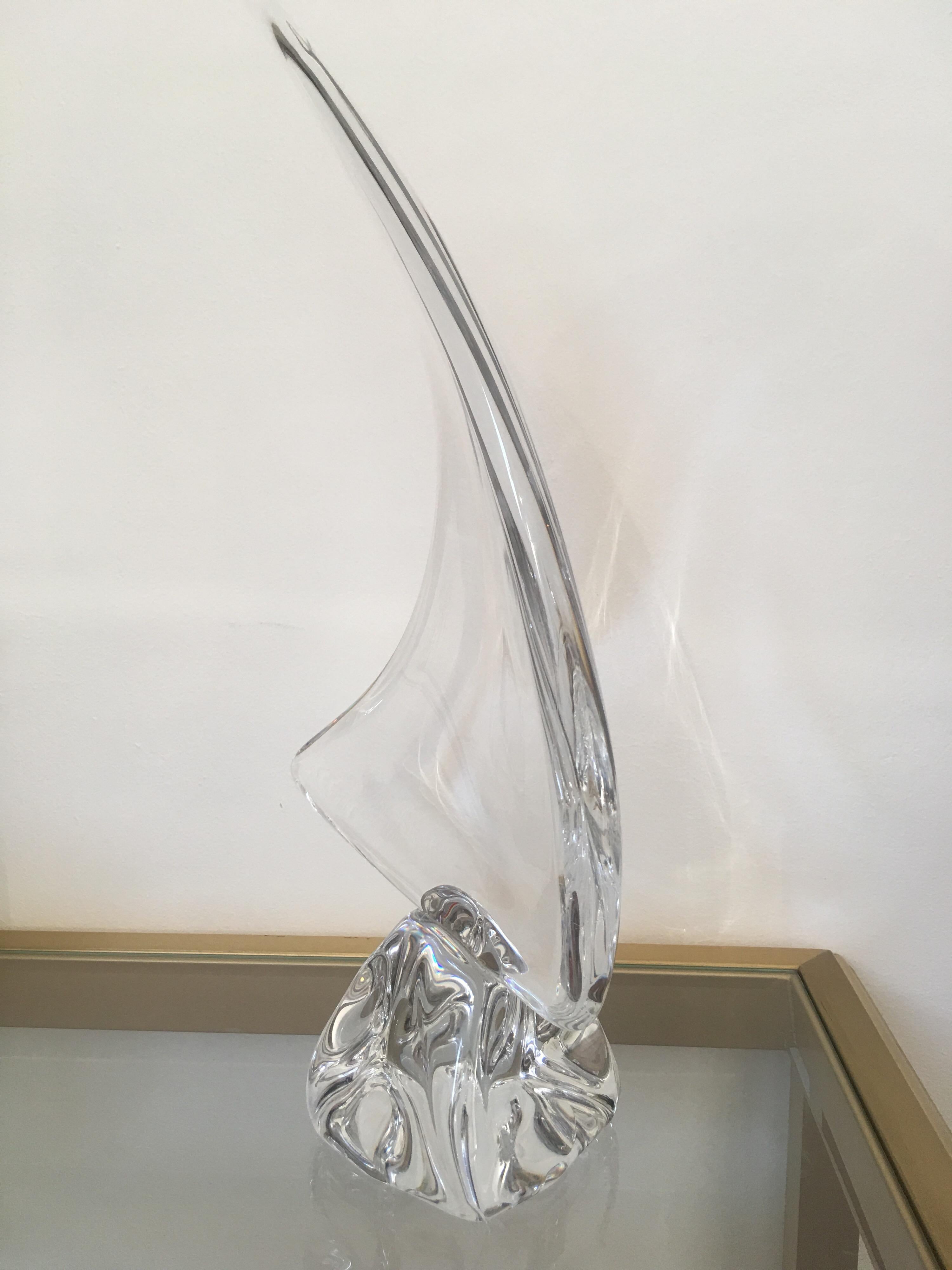 Daum France Signed Sailboat Crystal Sculpture, Art Glass, 1960s, Large Model 1