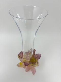Daum France Soliflore Roses Crystal Vase with Pate de Verre Floral Base Signed