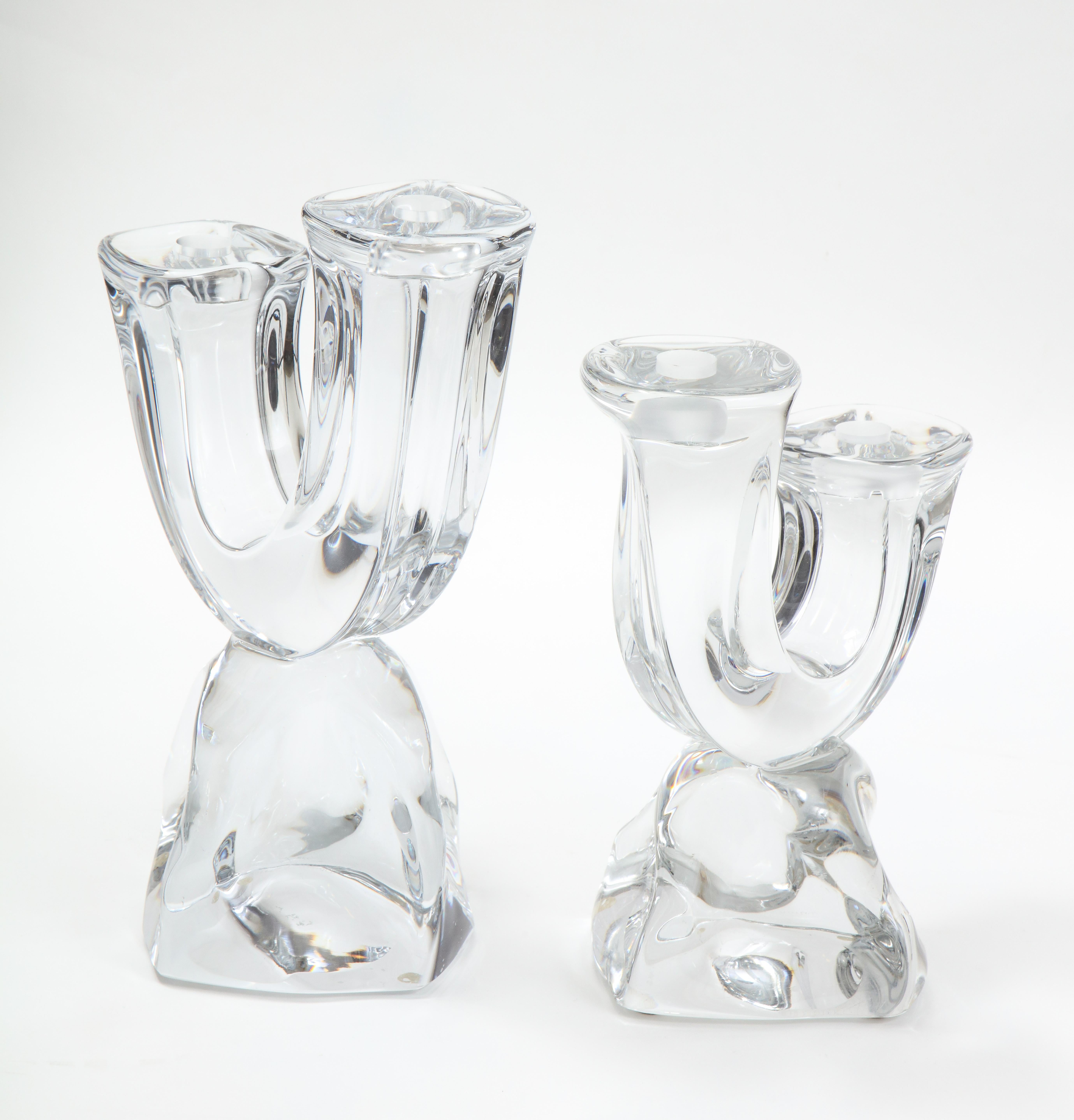 French Daum France Two-Arm Crystal Candle Holders