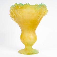 Daum France, Vase Mimosa Yellow and Green Glass Pate de Verre - 30 cm