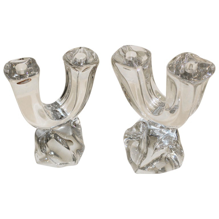 Daum France Two Arm Crystal Candle Holders For Sale at 1stdibs