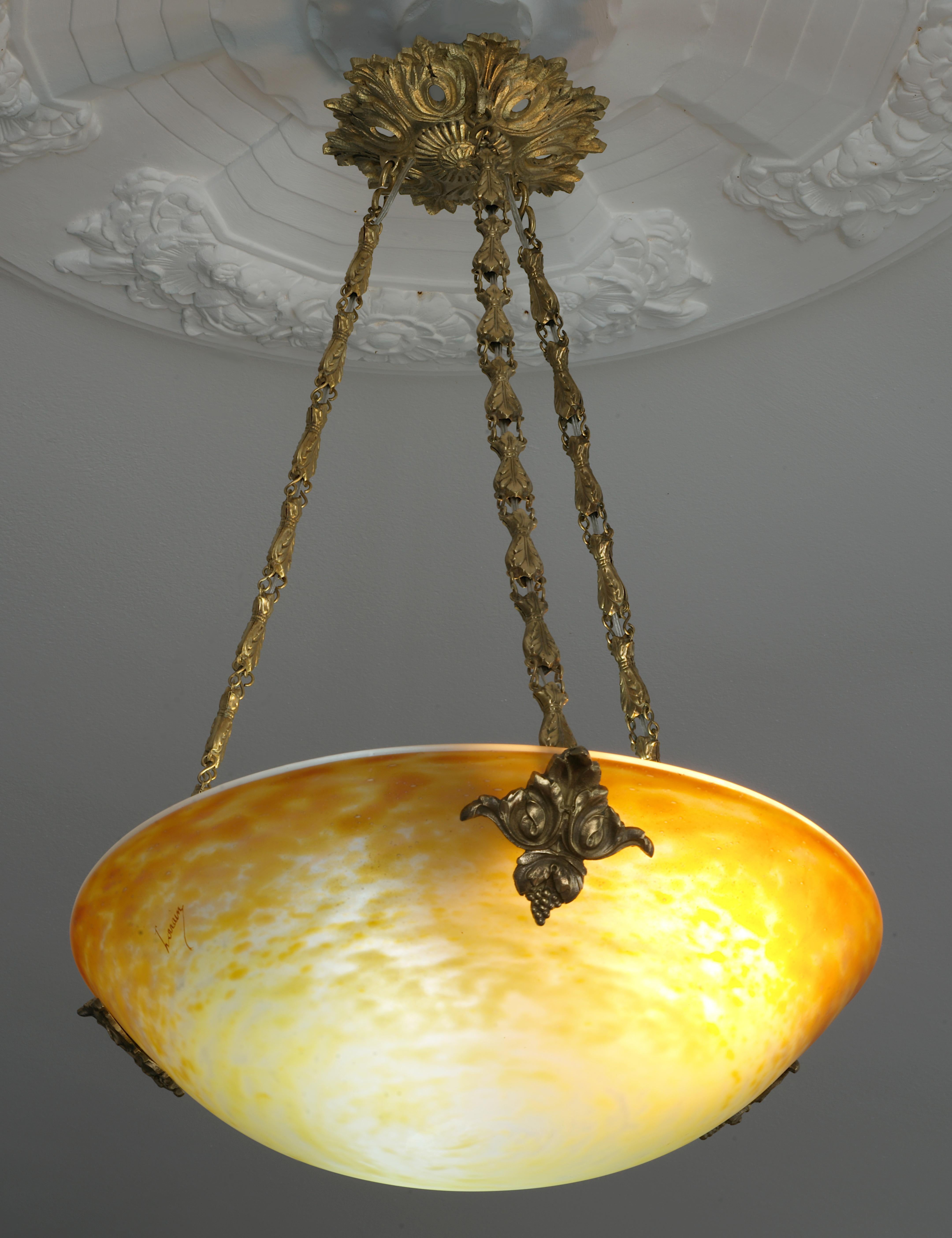 Brass Daum French Art Deco Pendant Chandelier, Late 1920s For Sale