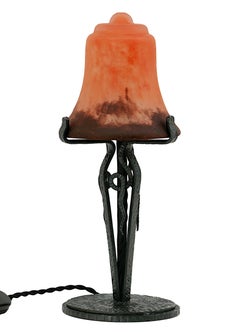 Daum French Art Deco Table Lamp, Glass & Wrought Iron, 1920s Design